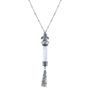 1928 Jewelry Antiqued Wing Cherub Angel Clear Crystal Glass Vial Tassel Necklace 30"