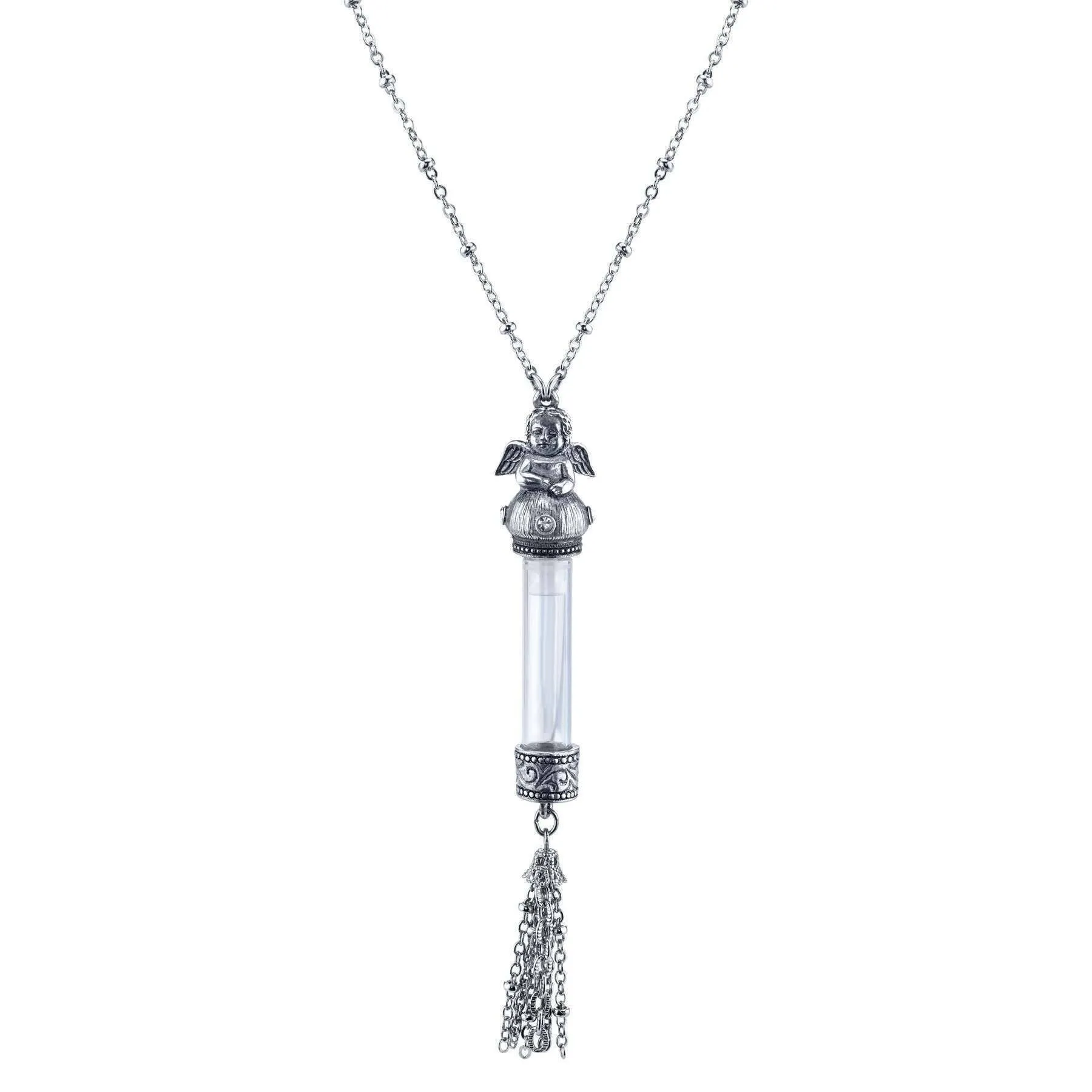 1928 Jewelry Antiqued Wing Cherub Angel Clear Crystal Glass Vial Tassel Necklace 30"