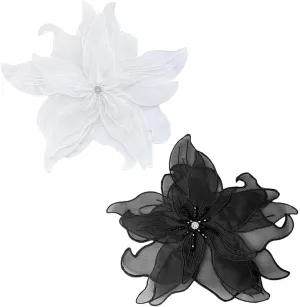 2Pcs Elegant Flower Brooch Pin Handcrafted Organza Fabric Flower Pin Delicate Black White Fashionable Clothing Accessory Fabric Flowers for Dresses