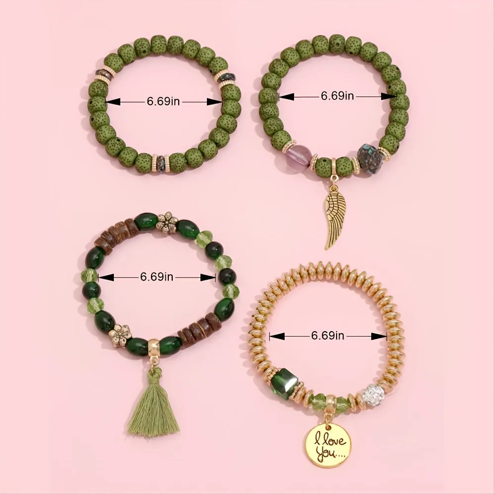 4pcs Women Layered Crystal Tassel Beaded Bracelet