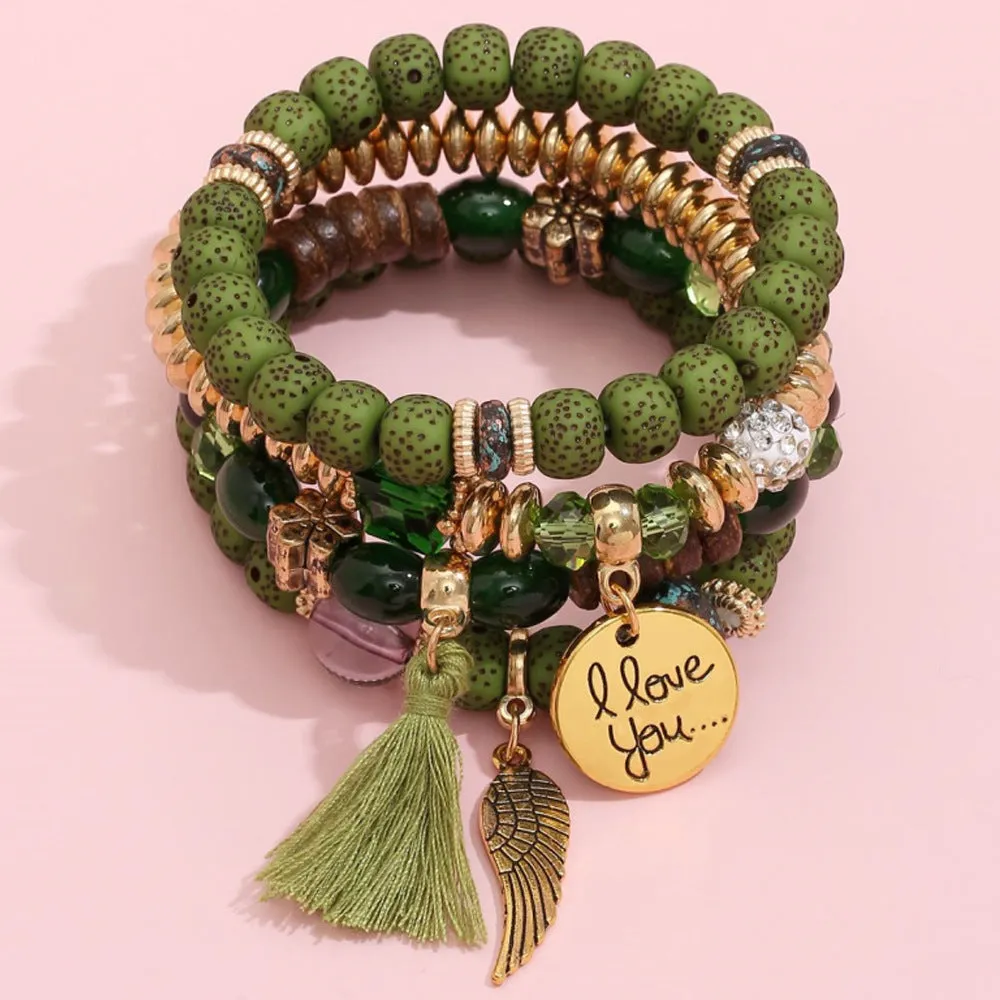 4pcs Women Layered Crystal Tassel Beaded Bracelet
