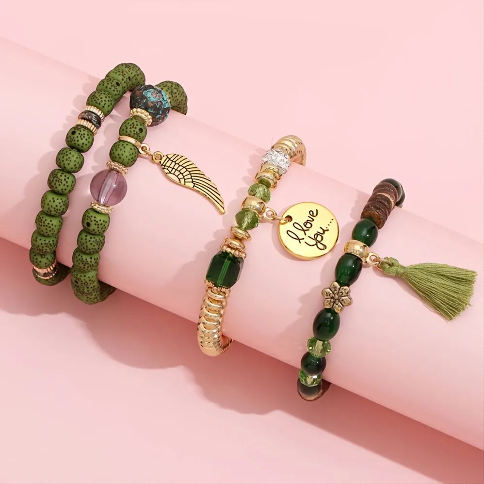 4pcs Women Layered Crystal Tassel Beaded Bracelet
