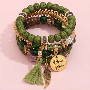 4pcs Women Layered Crystal Tassel Beaded Bracelet