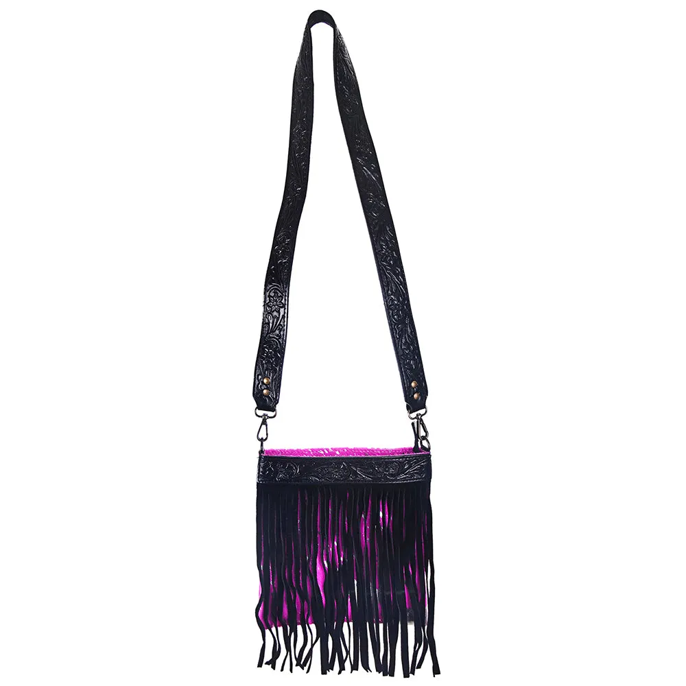 American Darling ADBGS172PKACSLBK Cross Body Hand Tooled Hair On Genuine Leather Women Bag Western Handbag Purse