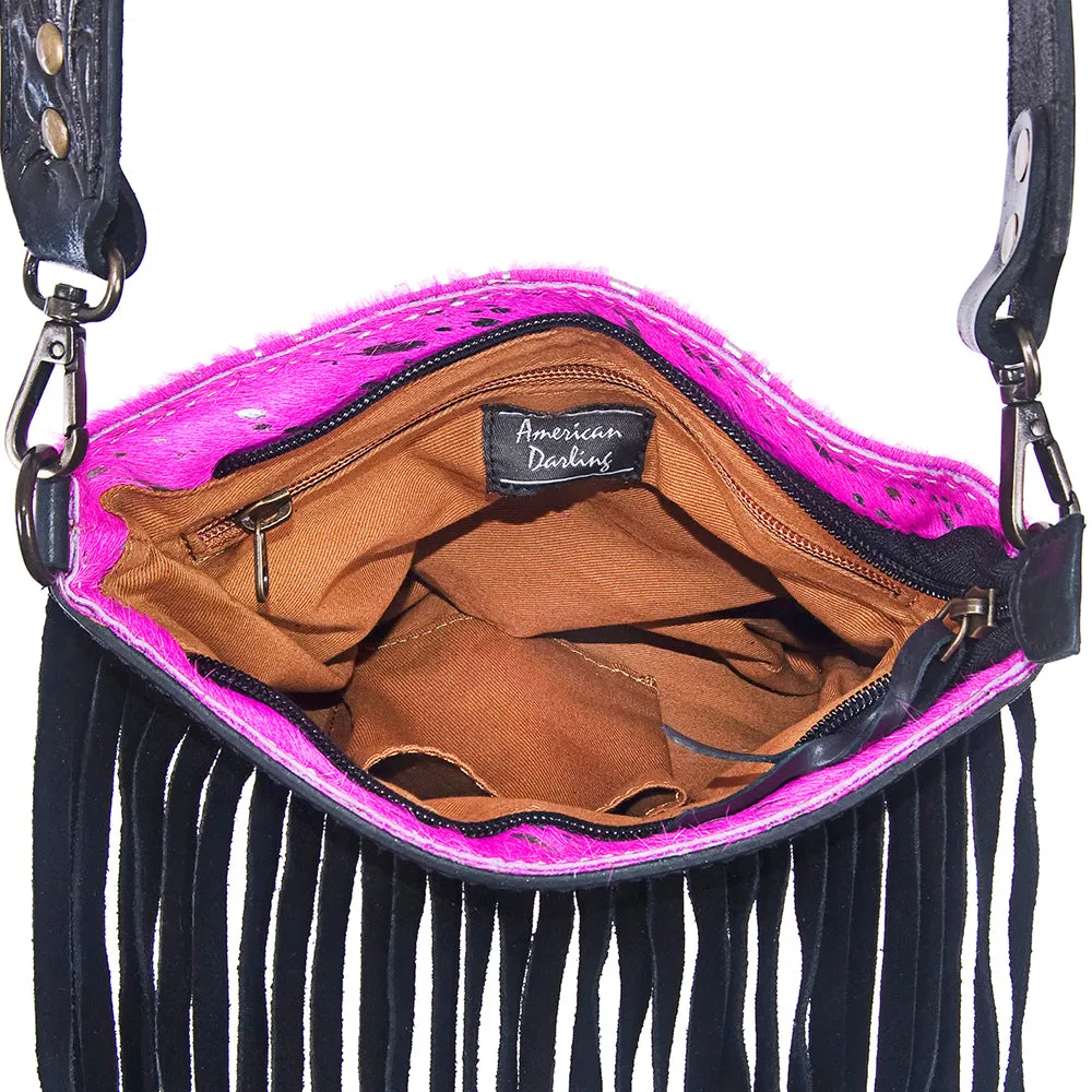 American Darling ADBGS172PKACSLBK Cross Body Hand Tooled Hair On Genuine Leather Women Bag Western Handbag Purse