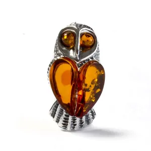 Barn Owl Bird Brooch in Silver and Cognac Amber