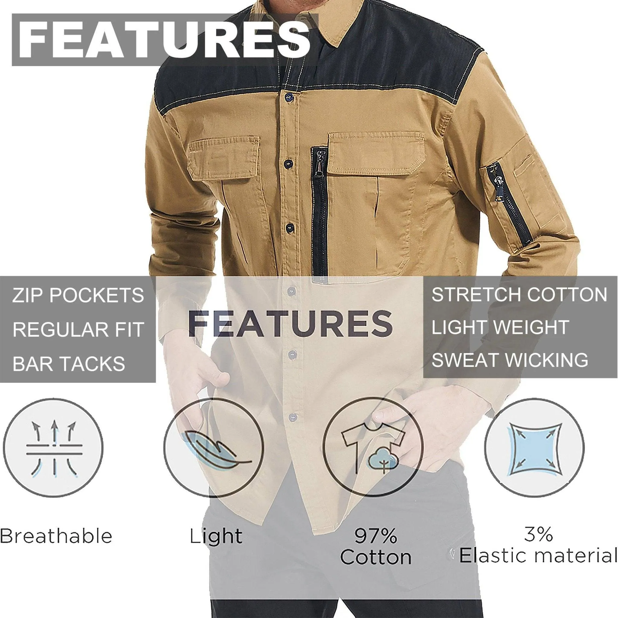 Big Bee ZIP Mens Work Shirts, Stretch Cotton