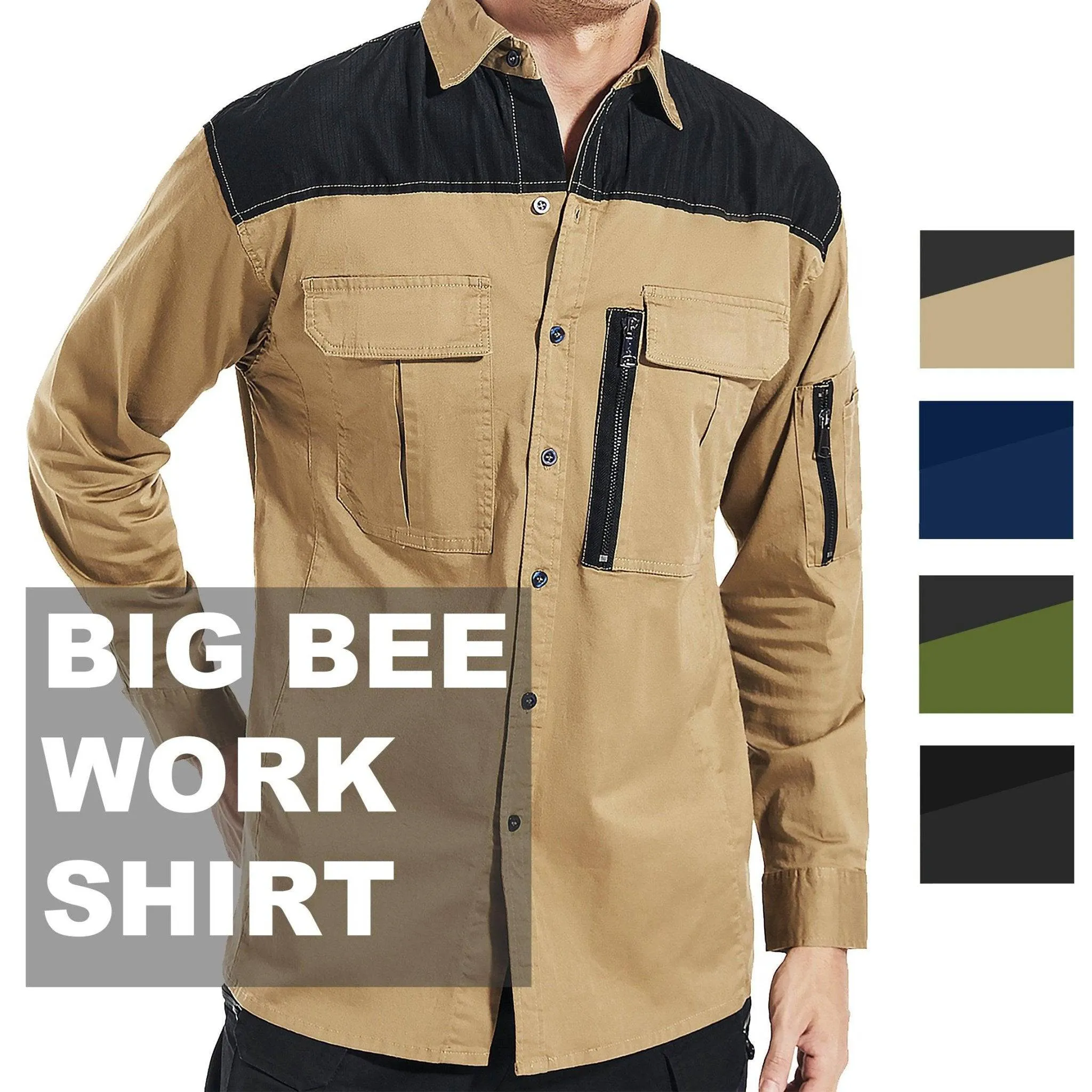 Big Bee ZIP Mens Work Shirts, Stretch Cotton