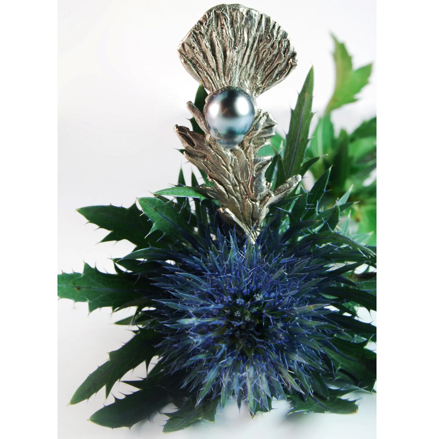 Black Tahitian Pearl & Thistle Tie Pin