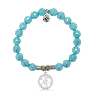 Blue Amazonite Stone Bracelet with Hibiscus Sterling Silver Charm
