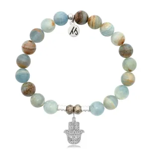Blue Calcite Stone Bracelet with Hamsa Sterling Silver Charm