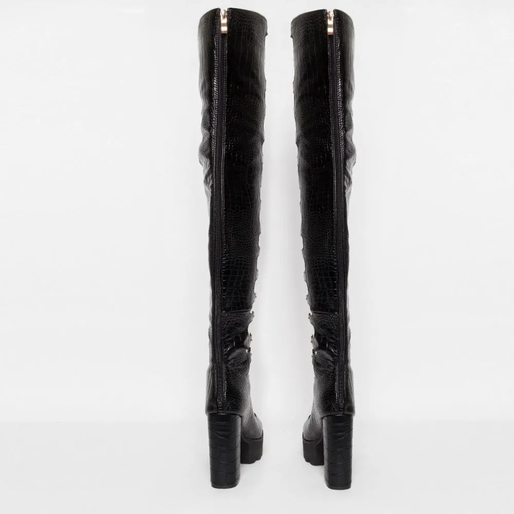 Boots Cross-tied Black Leather High Heel Boot Over the Knee Lace Up