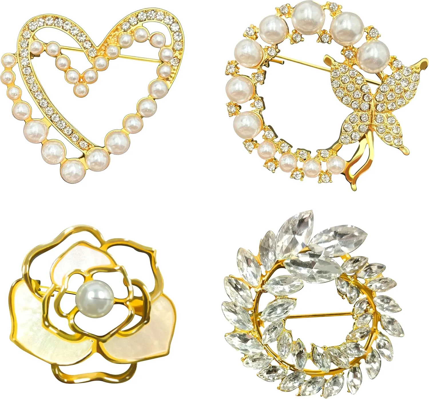 Butterfly Wreath Brooch Pin White Pearl Flower Women Rhinestone Scarf Buckle Pin Gold Wedding Bridal Brooches Lady
