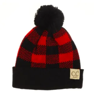 C.C. Beanie - Baby Buffalo Plaid Pom Beanie in Red/Black