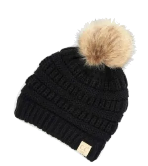 C.C. Beanie - Baby Faux Fur Pom Beanie in Black