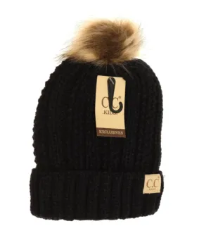 C.C. Beanie - Kids Fuzzy Lined Fur Pom Beanie in Black