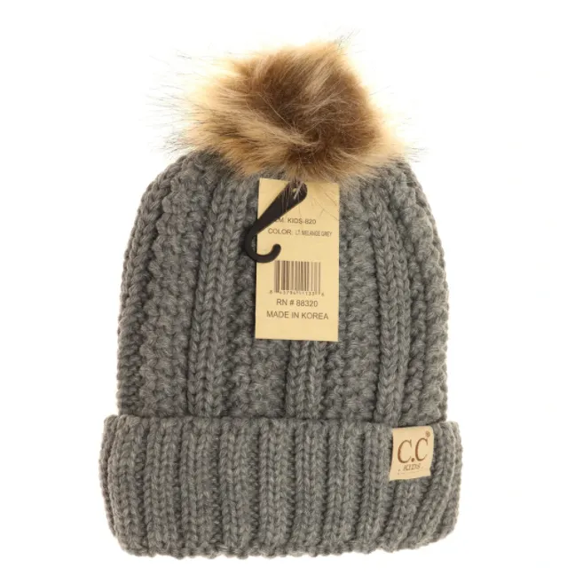 C.C. Beanie - Kids Fuzzy Lined Fur Pom Beanie in Grey