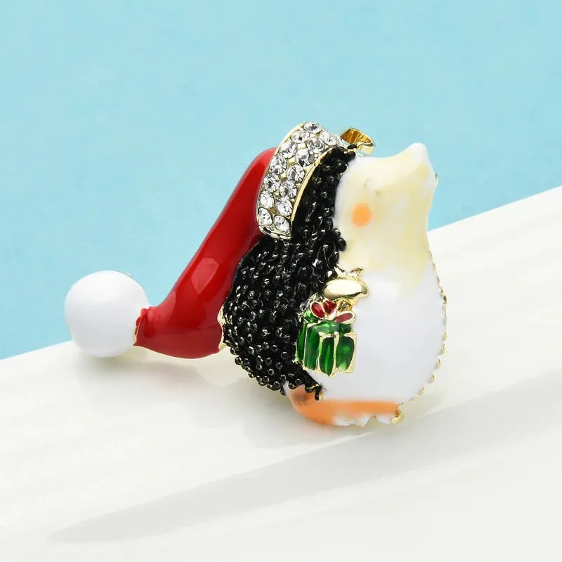 Christmas Holiday Hedgehog Wearing Red Hat Brooch Pins