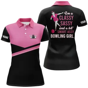 Custom Pink and Blue Women Bowling Polo Shirts, I'm a classy sassy and a bit smart assy Bowling Girl