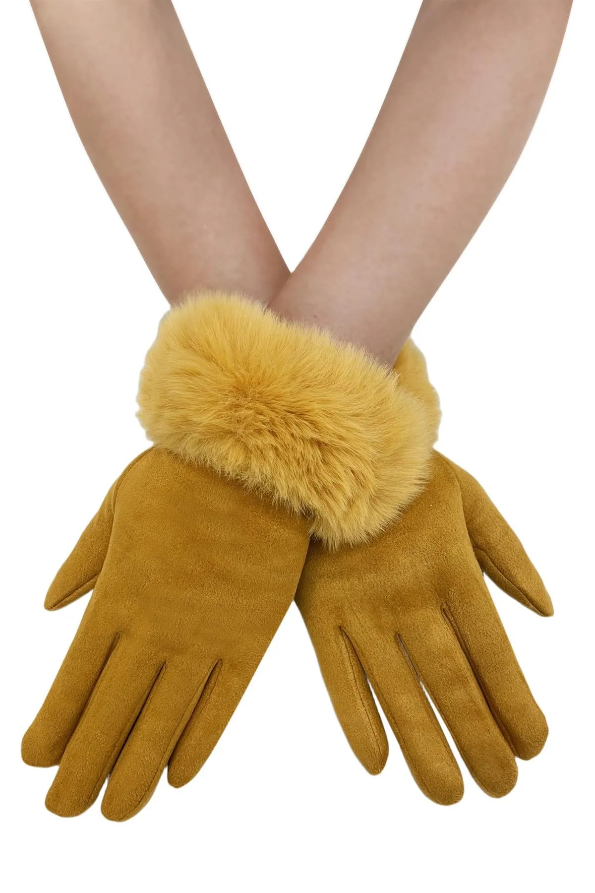Faux Fur Trim Suede Touch Screen Gloves