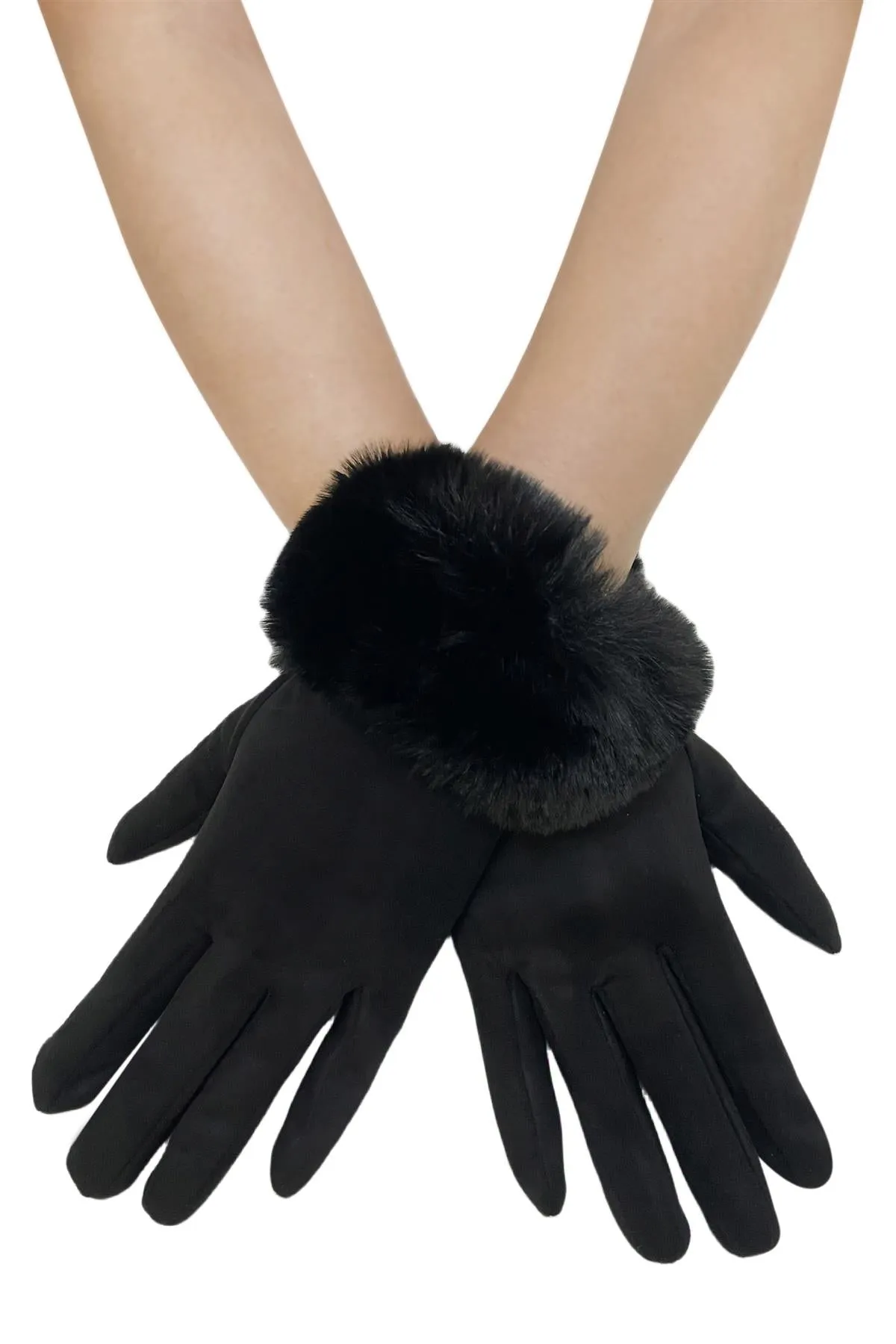 Faux Fur Trim Suede Touch Screen Gloves
