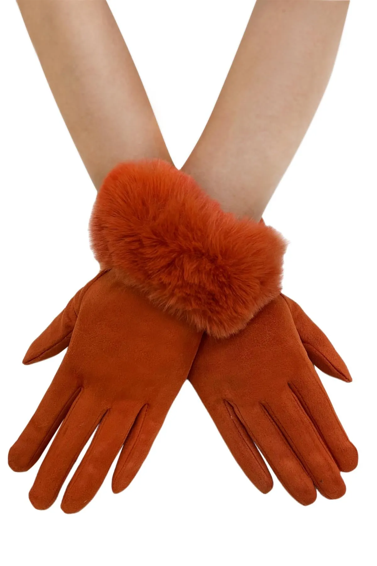 Faux Fur Trim Suede Touch Screen Gloves