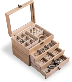 Frebeauty Wooden Jewelry Box 4 Layer Vintage Jewelry Organizer with Clear Lid Rustic Wood Jewelry Holder Jewelry Case for Rings Bracelets Brooches Jewelry Storage Women(Burlywood)