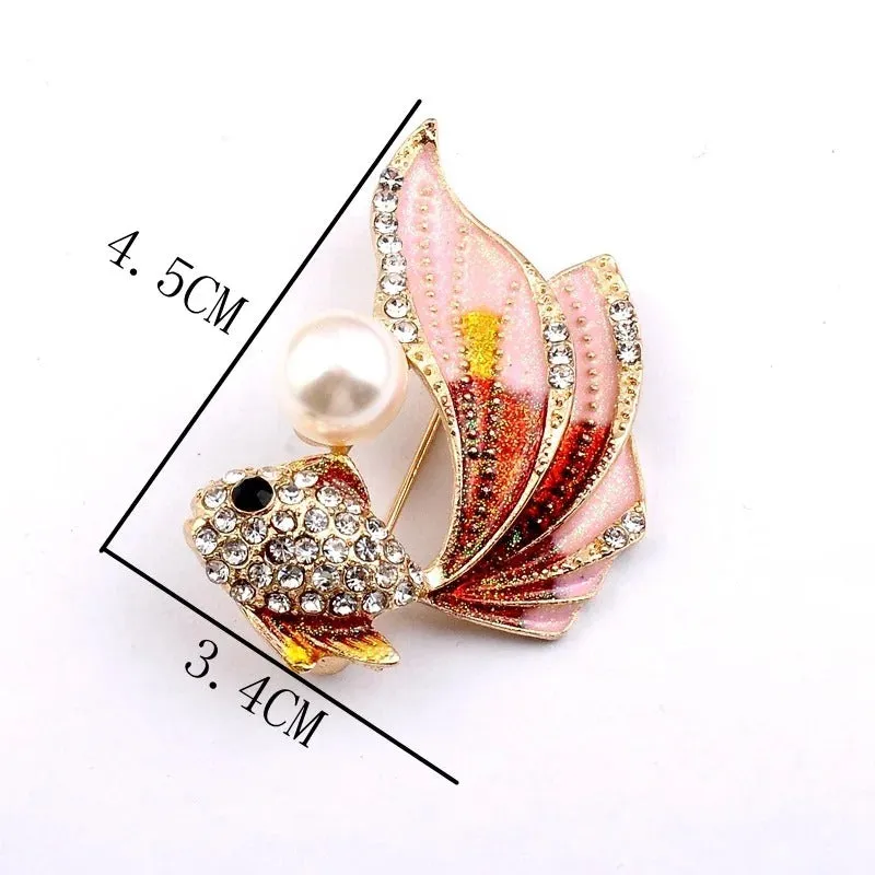 Glamorous Rhinestone Fish Design Brooch Pin with Pearl Accent