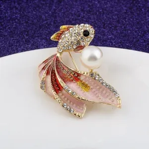 Glamorous Rhinestone Fish Design Brooch Pin with Pearl Accent