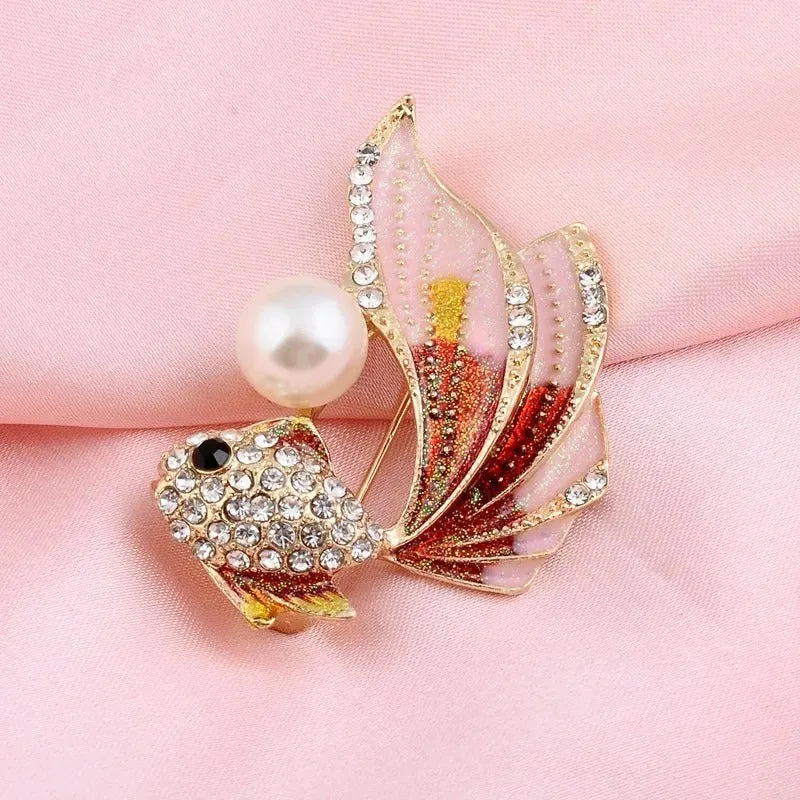 Glamorous Rhinestone Fish Design Brooch Pin with Pearl Accent