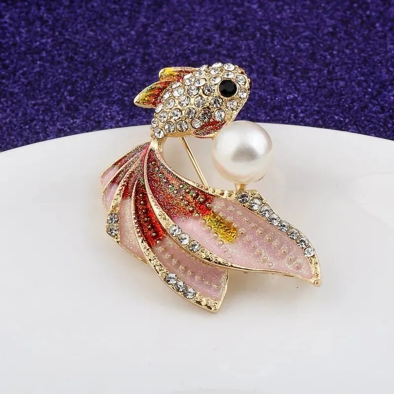 Glamorous Rhinestone Fish Design Brooch Pin with Pearl Accent
