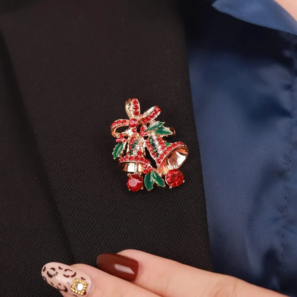 Gold Christmas Bell Brooch with Rhinestones Crystal Festival Party Themed Brooches for Women Men Suit Dress Cloth
