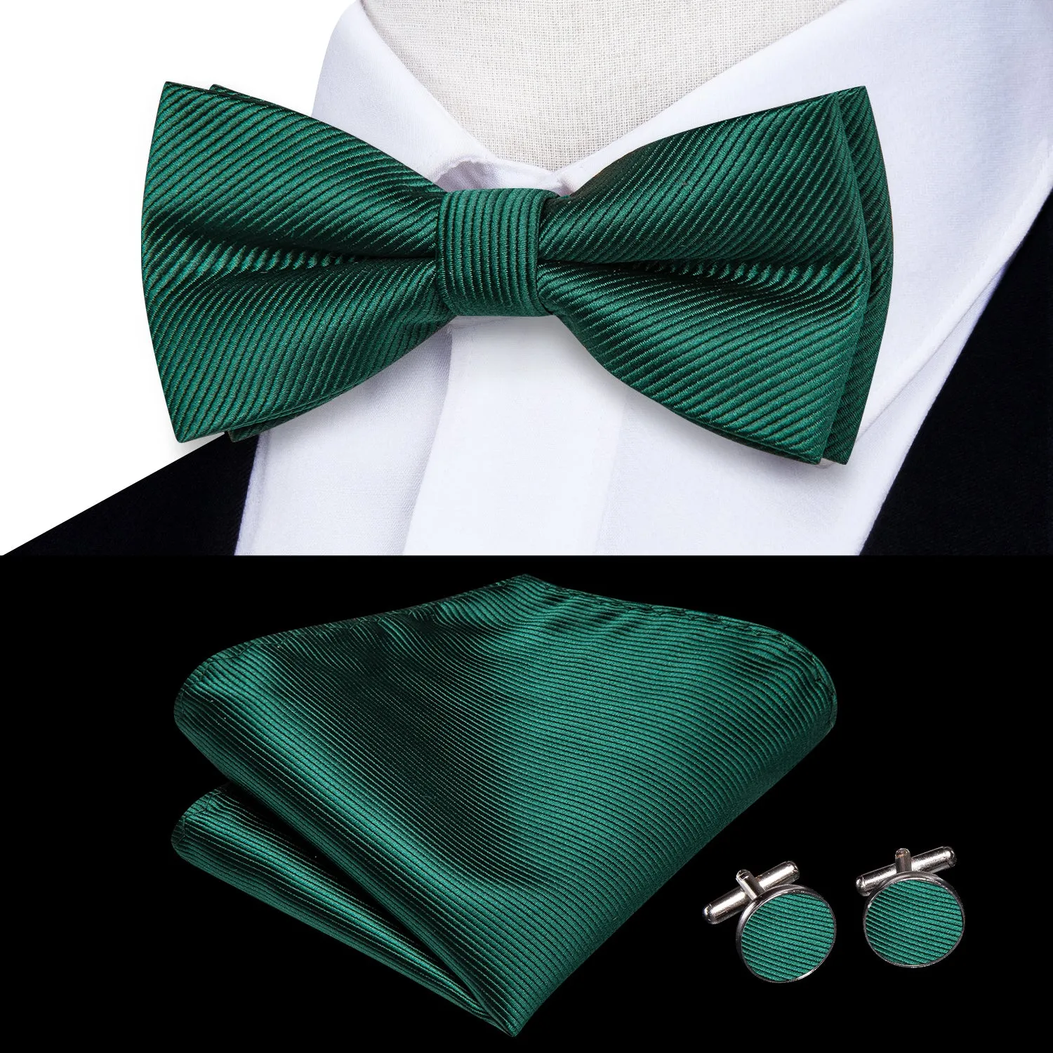 Hi-Tie Dark Green Solid Children's Kids Bow Tie Hanky Cufflinks Set