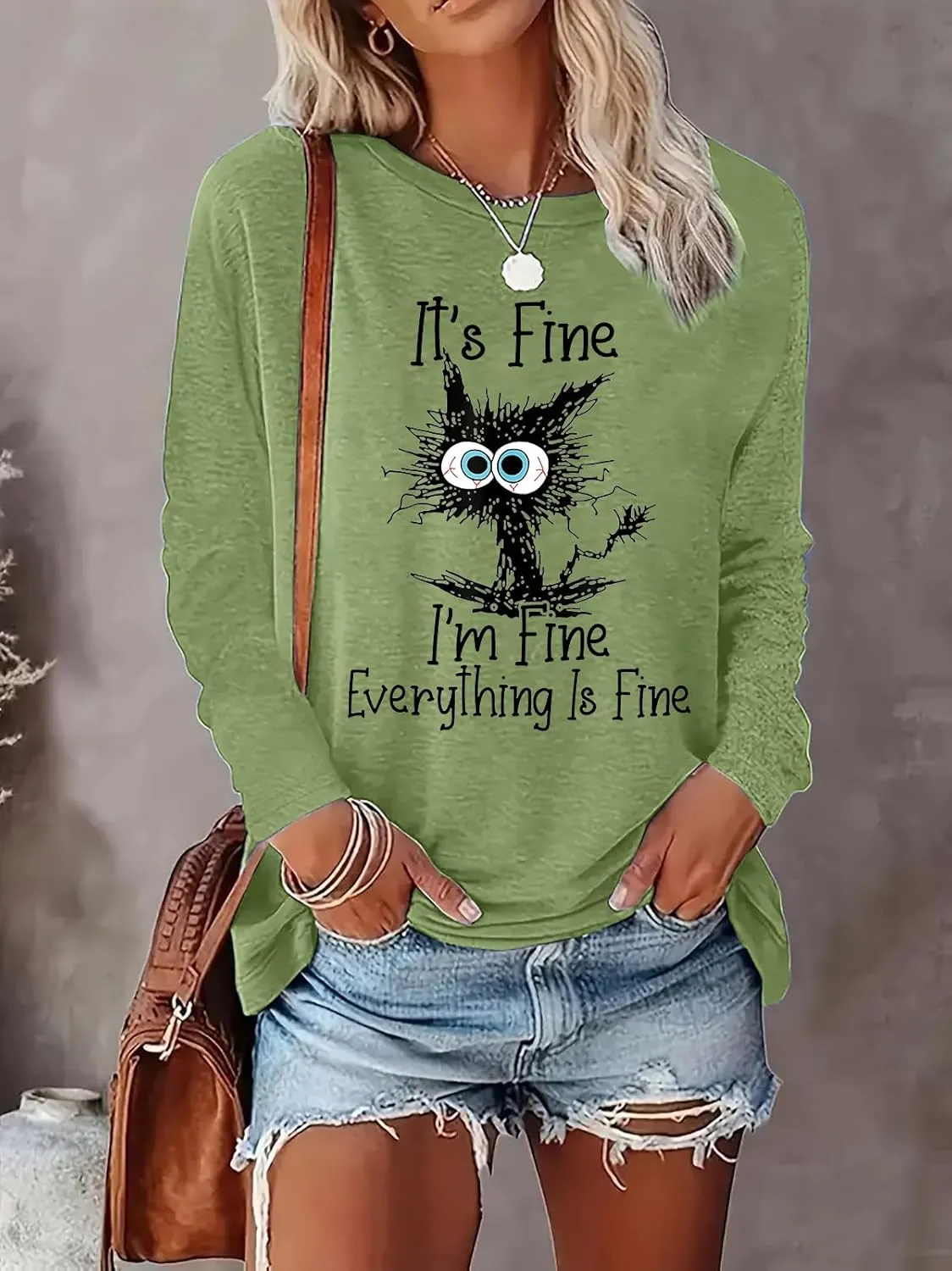 It's Fine I'm Fine Everything is Fine Funny Cat Printed T-Shirt for Women Long Sleeve
