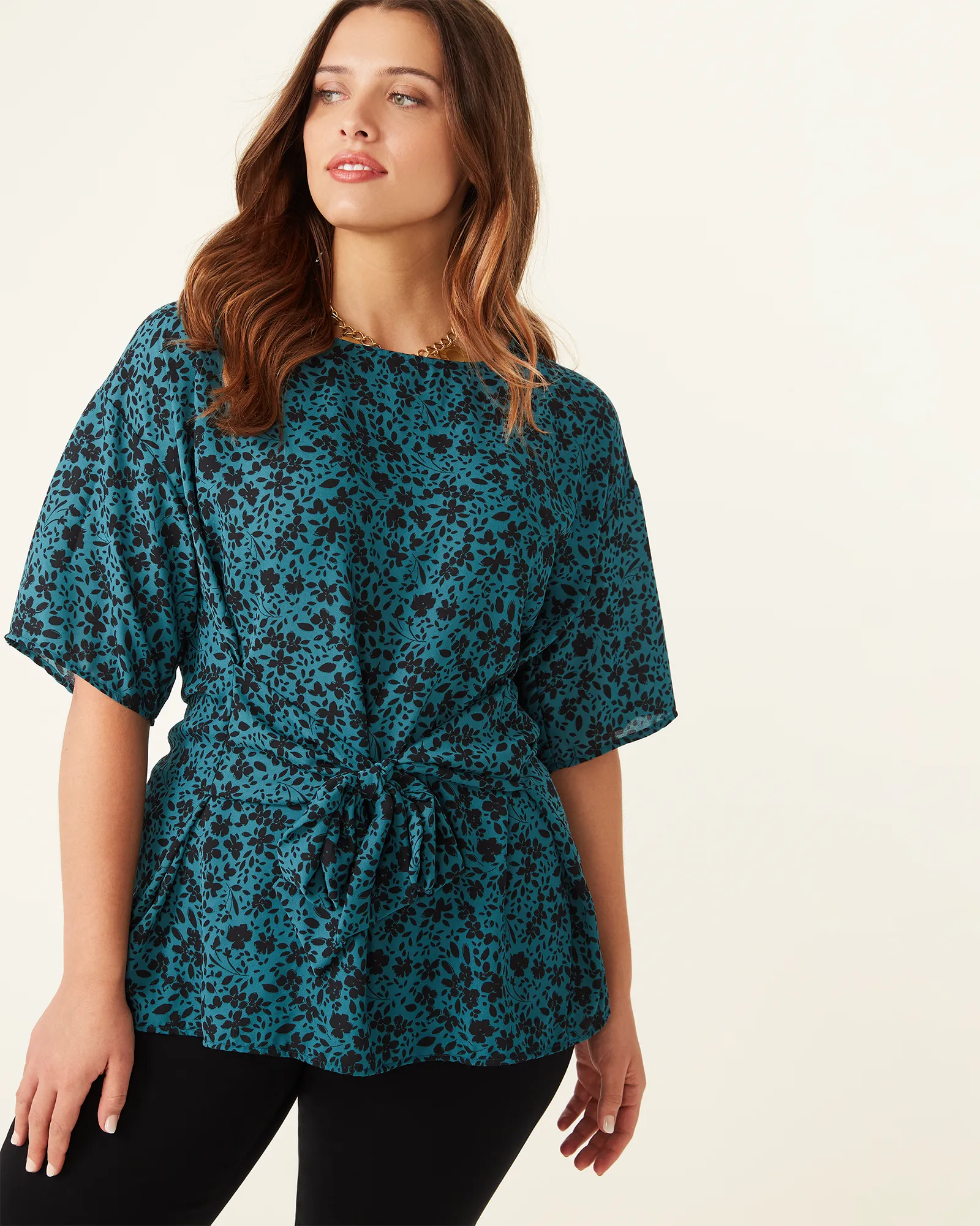 Kara Tie-Front Top | Teal / Black