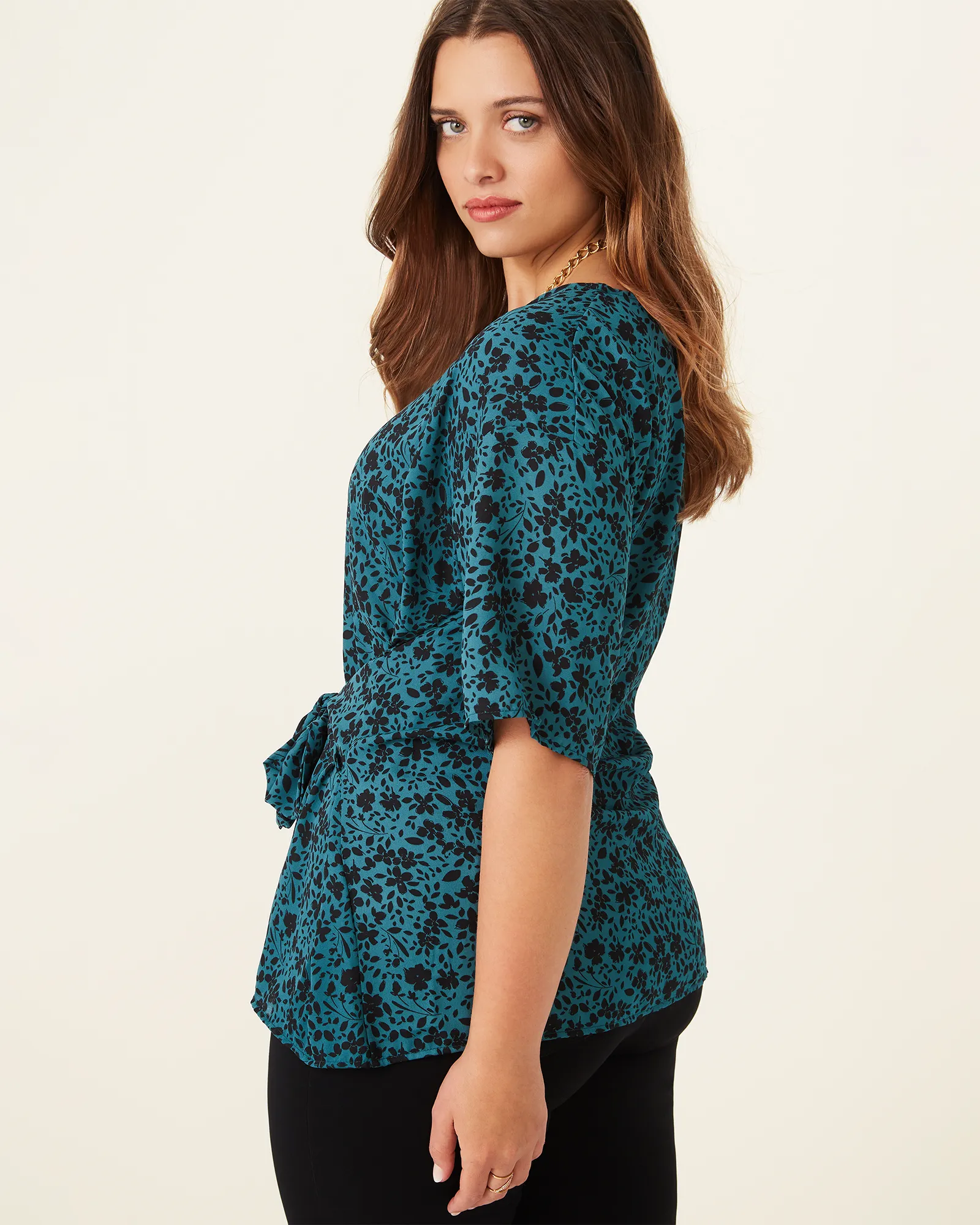 Kara Tie-Front Top | Teal / Black