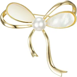 Kokoma Pearl Bow Knot Brooch Pin for Women Girls 14K Gold Plated Ribbon Lapel Pins Butterfly Knot Bow Badge Corsage for Dress Accessories Elegant Jewelry Gifts