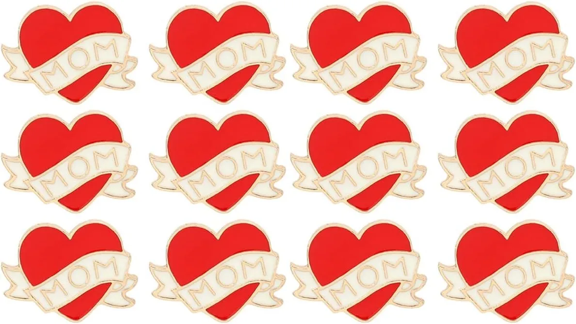 LUOZZY 12 pcs Gift for Mom, Heart Pins Red Enamel Heart Brooch with MOM Word Love Pin Clothing Brooch Birthday Mothers Day Gift for Mom