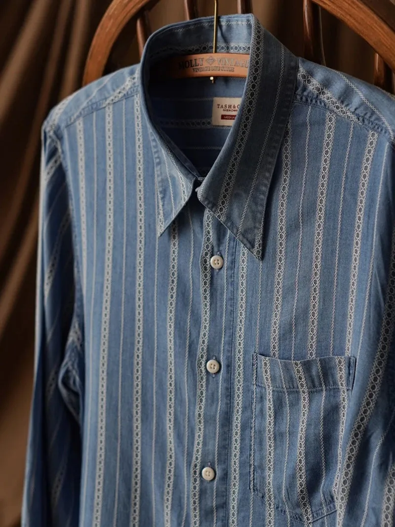 Men's Jacquard Striped Denim Shirt with Long Sleeves - Preppy Style