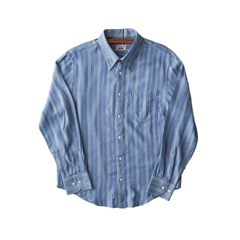 Men's Jacquard Striped Denim Shirt with Long Sleeves - Preppy Style