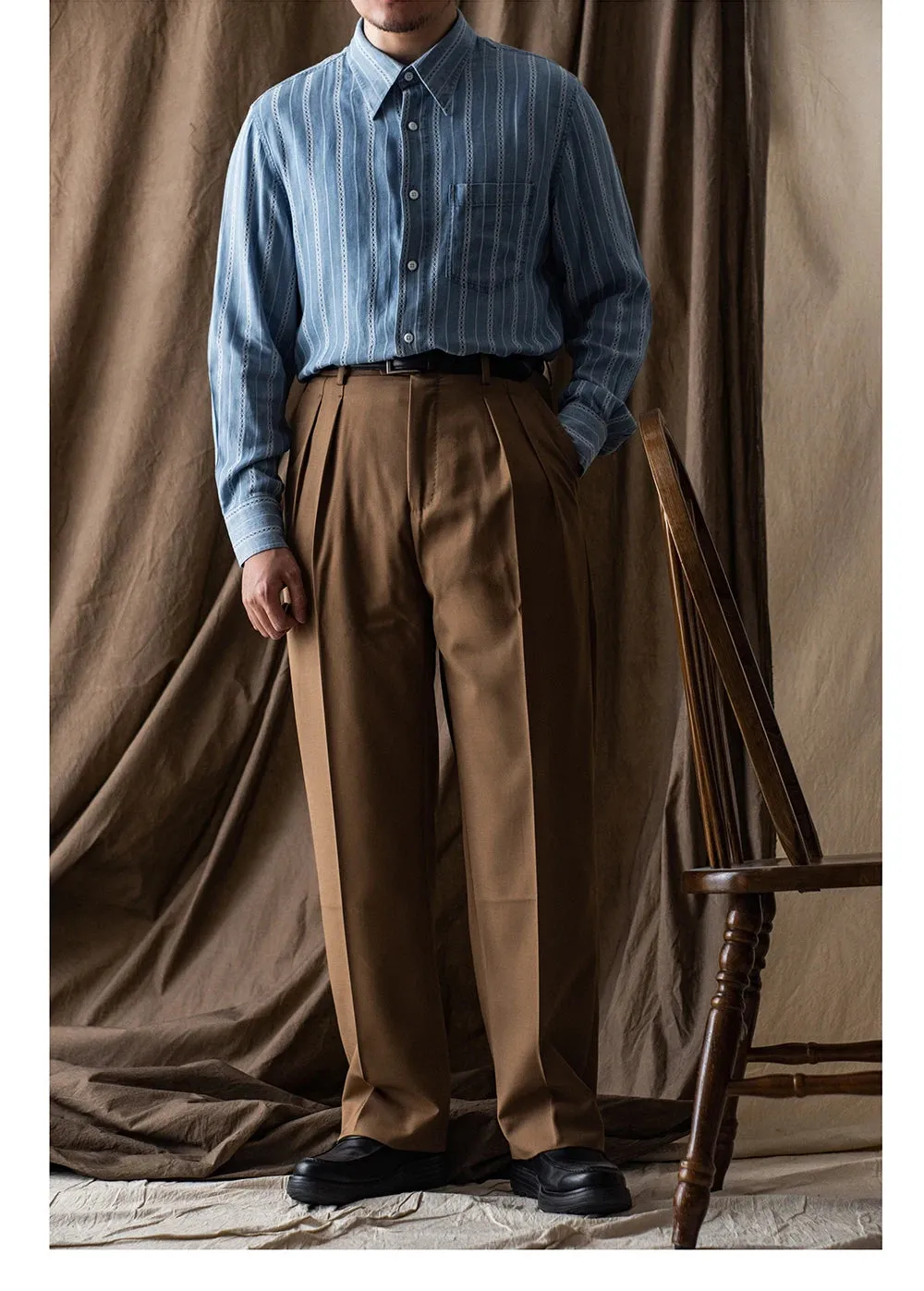 Men's Jacquard Striped Denim Shirt with Long Sleeves - Preppy Style