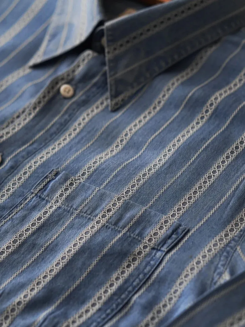 Men's Jacquard Striped Denim Shirt with Long Sleeves - Preppy Style