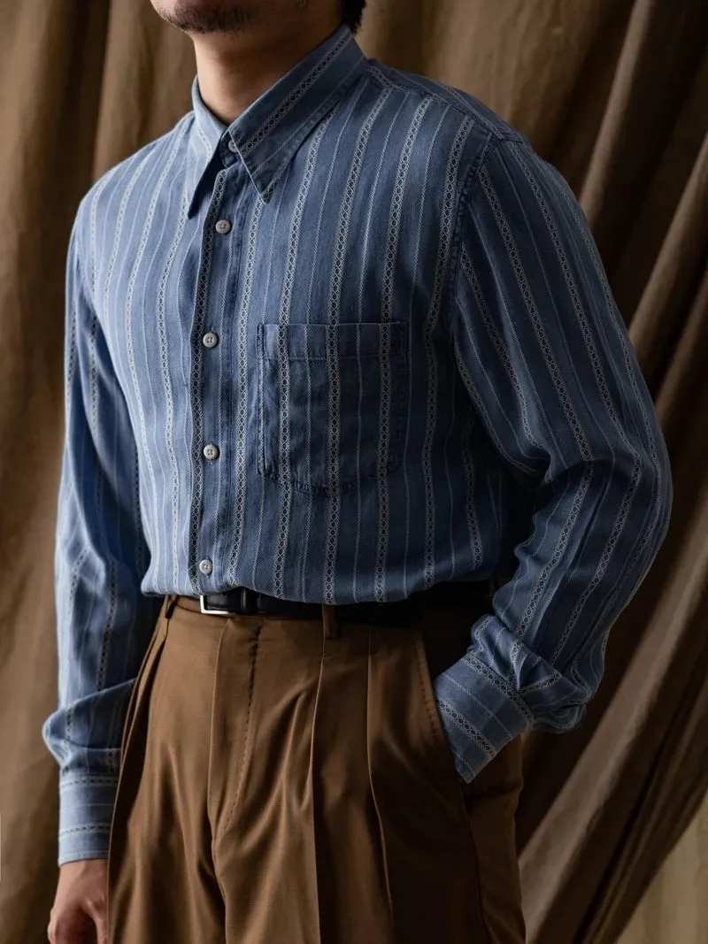 Men's Jacquard Striped Denim Shirt with Long Sleeves - Preppy Style