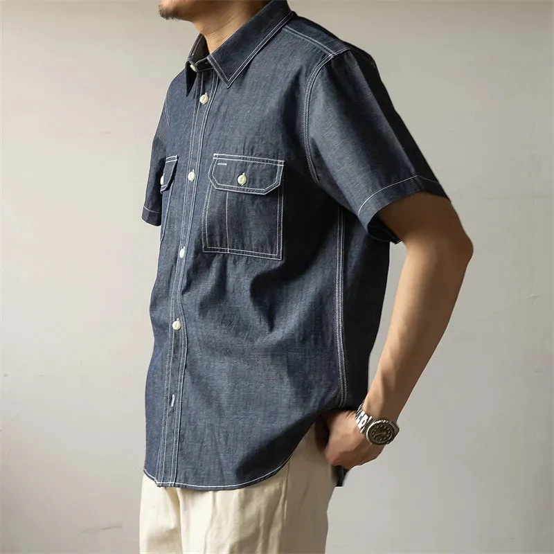 Men's Short Sleeve Denim Work Shirt - Retro Button-Down Work Wear