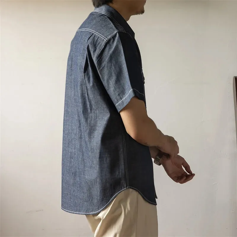 Men's Short Sleeve Denim Work Shirt - Retro Button-Down Work Wear