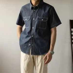 Men's Short Sleeve Denim Work Shirt - Retro Button-Down Work Wear