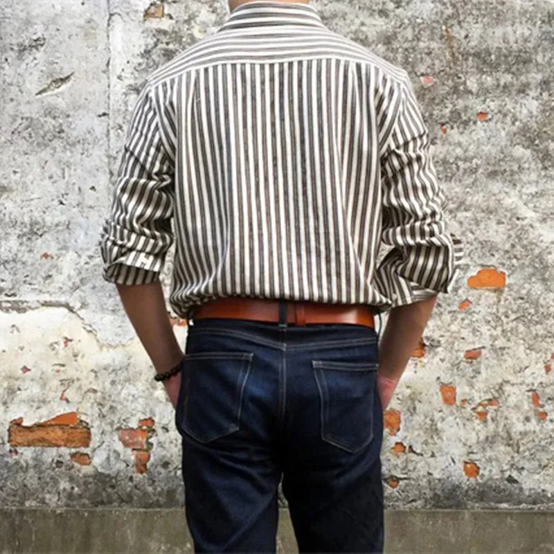 Men's Striped Long Sleeves Shirt - Retro Style Iron-free Cotton Blouse