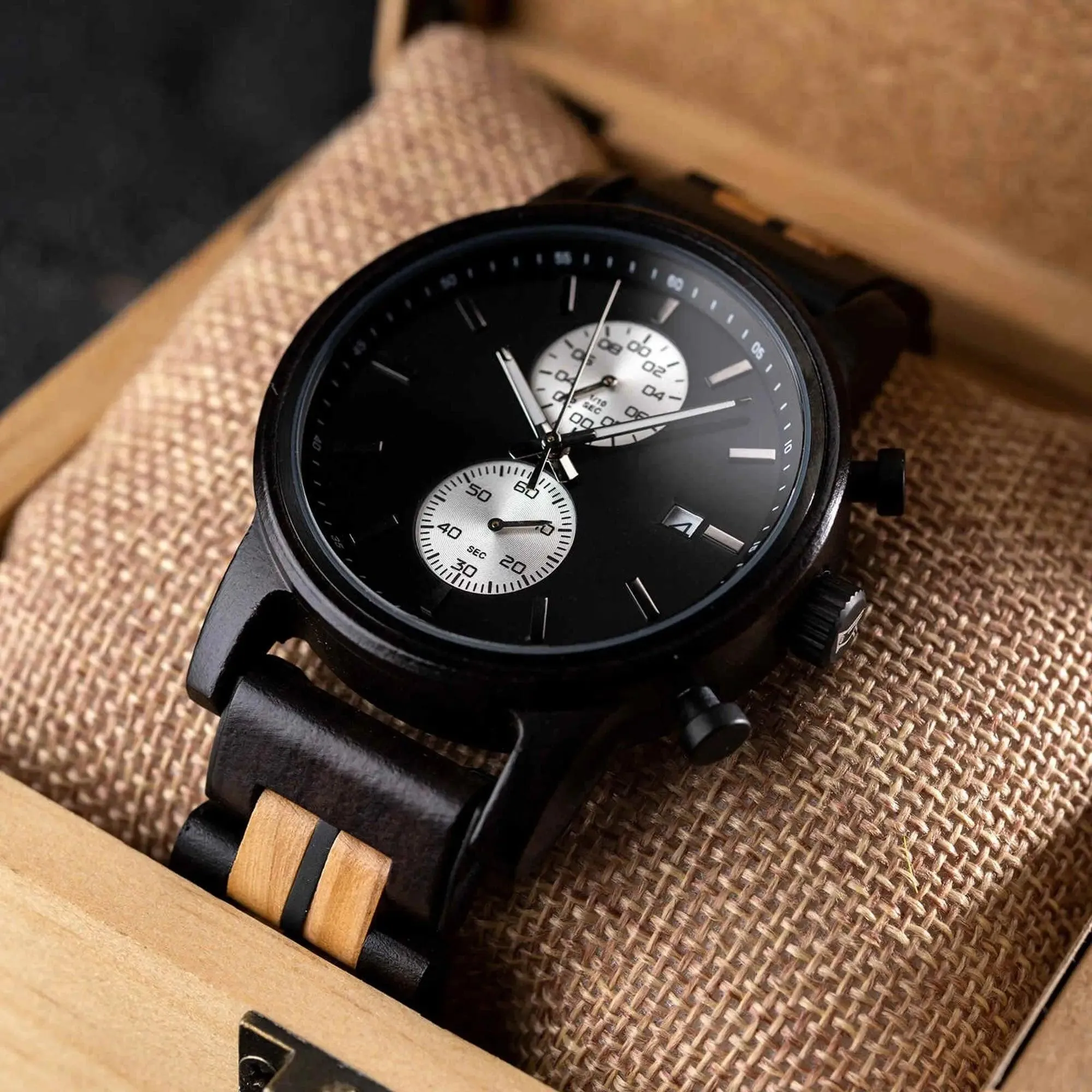 Men's Wooden Watches Classic Ebony Oak Black Chronograph