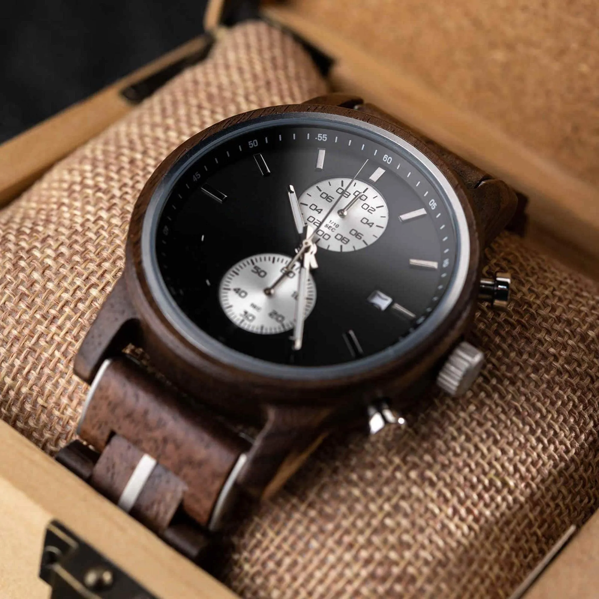 Men's Wooden Watches Classic Ebony Oak Black Chronograph