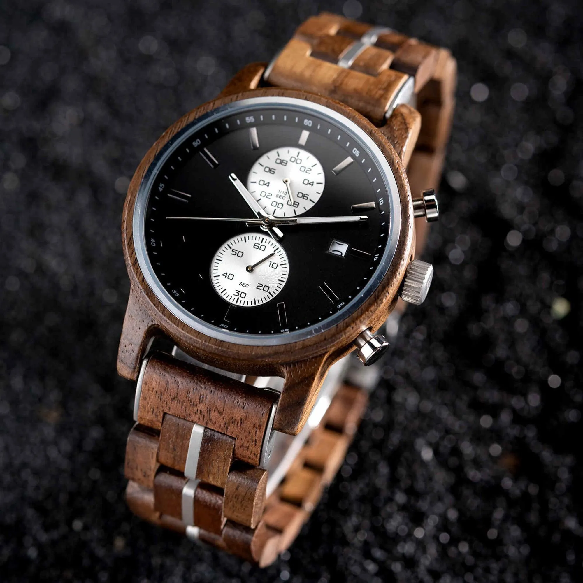 Men's Wooden Watches Classic Ebony Oak Black Chronograph